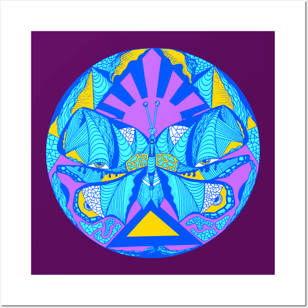 Neon Blue Sunrise Abstract Butterfly Wall Art by kenallouis